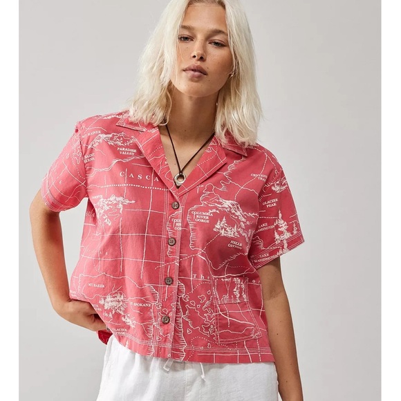 BDG Tops - BDG Urban Outfitters Map Print Cropped Button Up Shirt Coral Pacific Northwest S